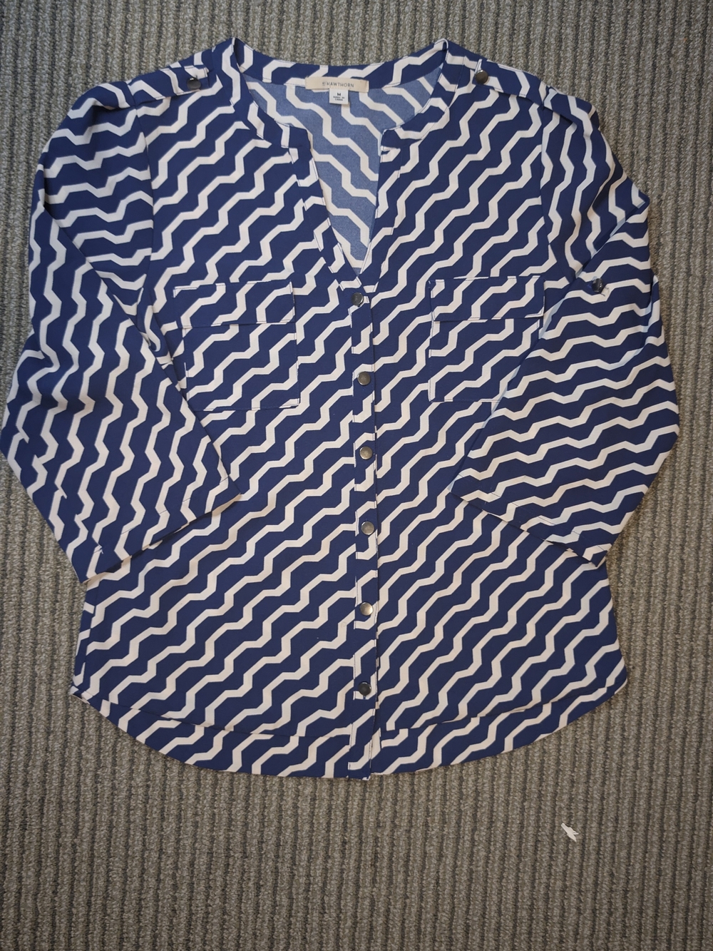 41 Hawthorn Blue & White Wave-Print Button Front Blouse
